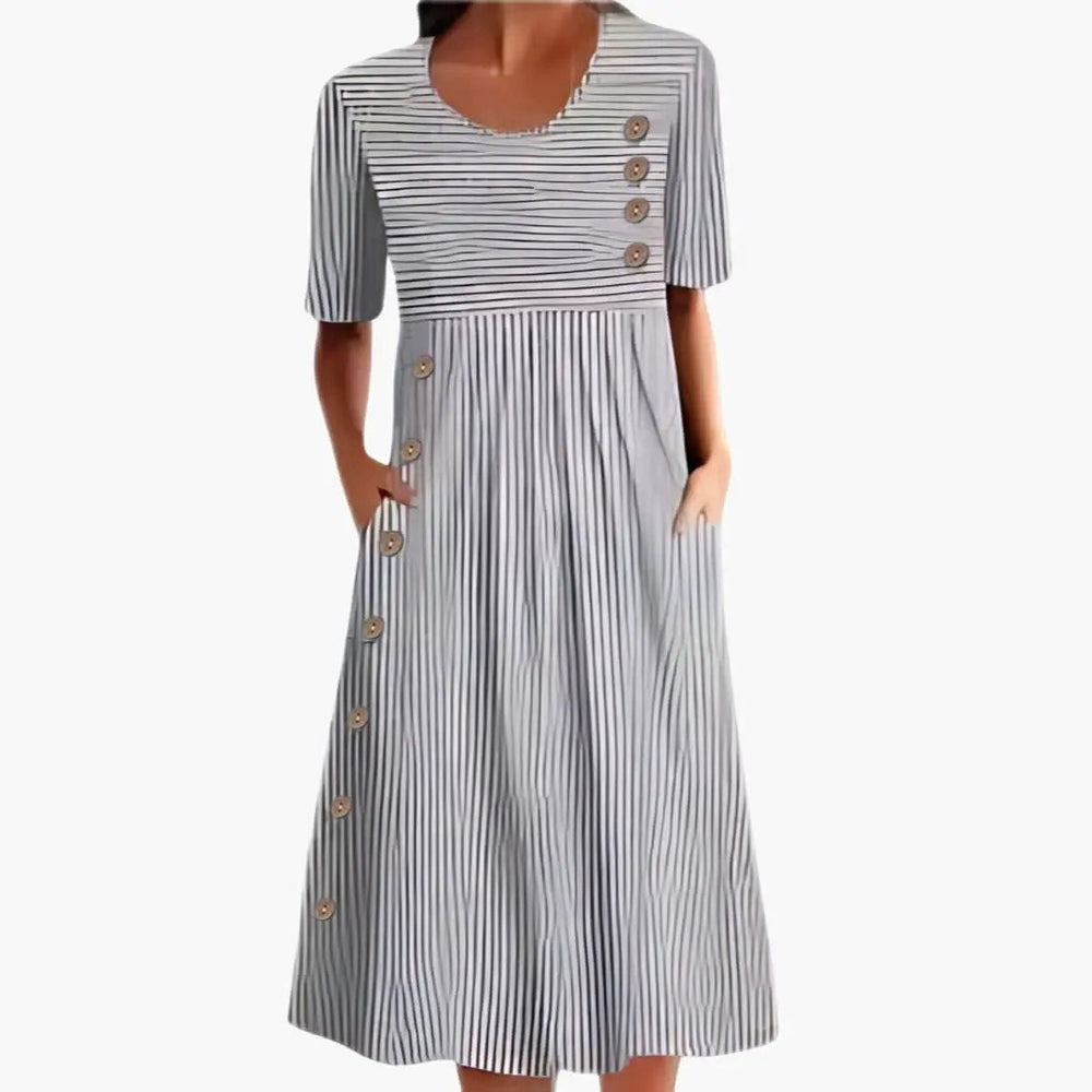 Women's Striped Midi Dress – Button Front, Round Neck & 3/4 Sleeve