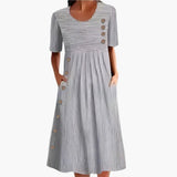 Women's Striped Midi Dress – Button Front, Round Neck & 3/4 Sleeve