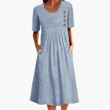 Women's Striped Midi Dress – Button Front, Round Neck & 3/4 Sleeve