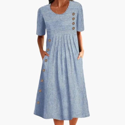 Women's Striped Midi Dress with Button Front