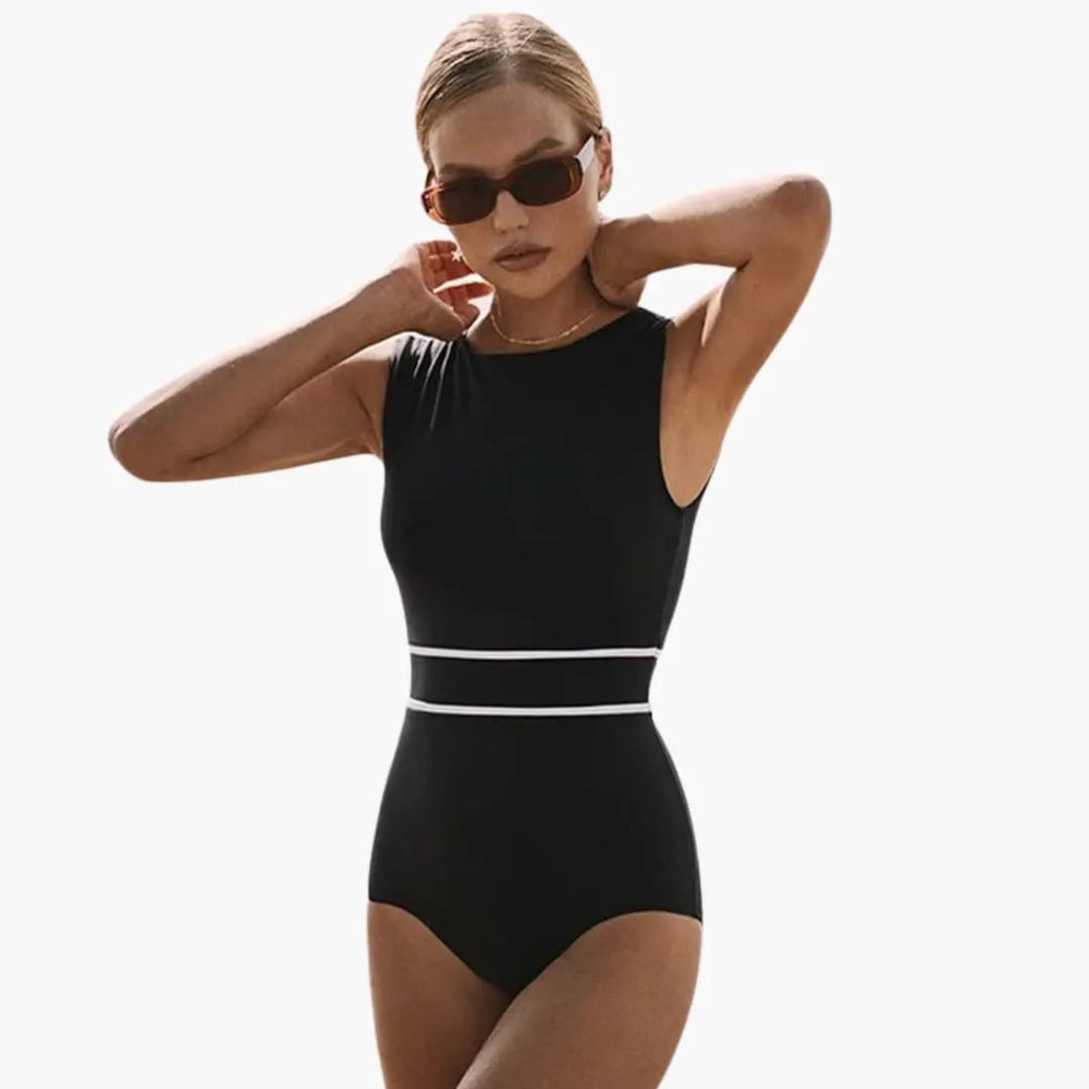 Women's Striped One-Piece Swimsuit – Round Neck, Built-In Support & Beachwear Fit