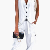 Women's Two-Piece Suit Set – Striped Sleeveless Top & Cuffed Pants