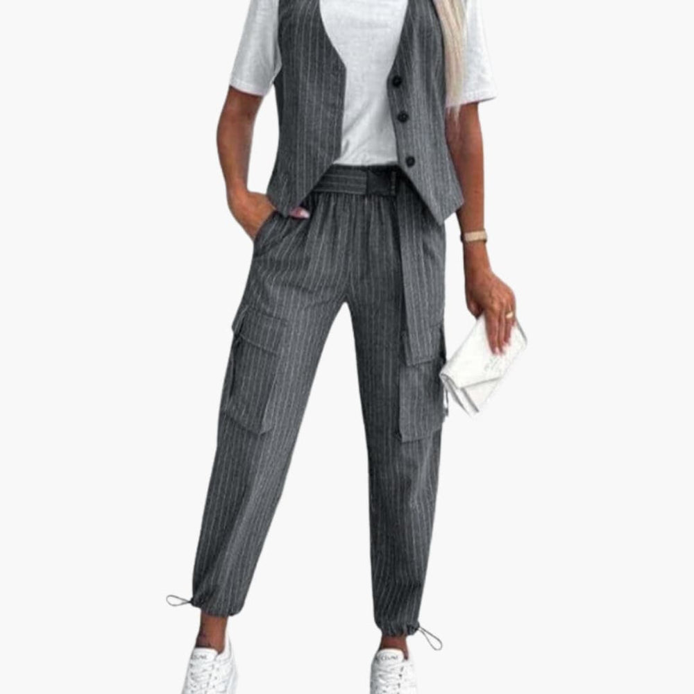 Women's Two-Piece Suit Set – Striped Sleeveless Top & Cuffed Pants