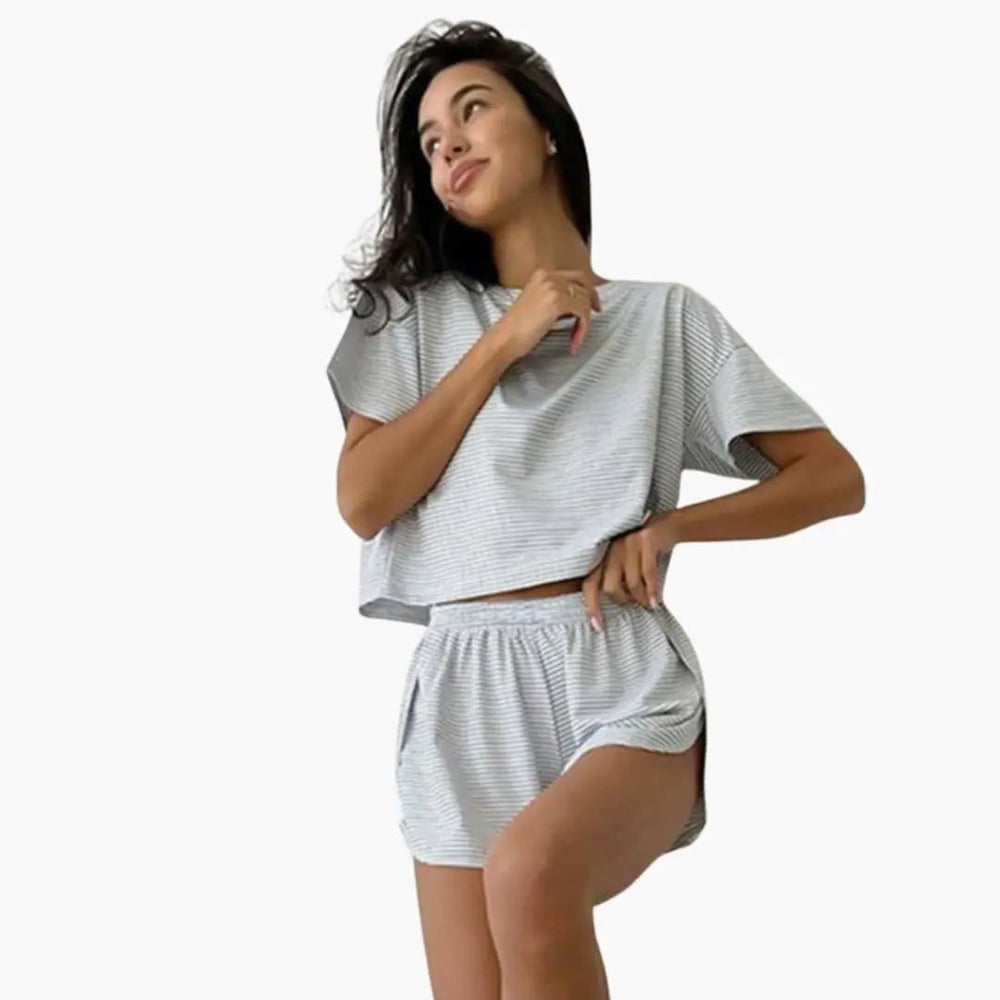 Women's Two-Piece Outfit Set – Striped Top & Shorts