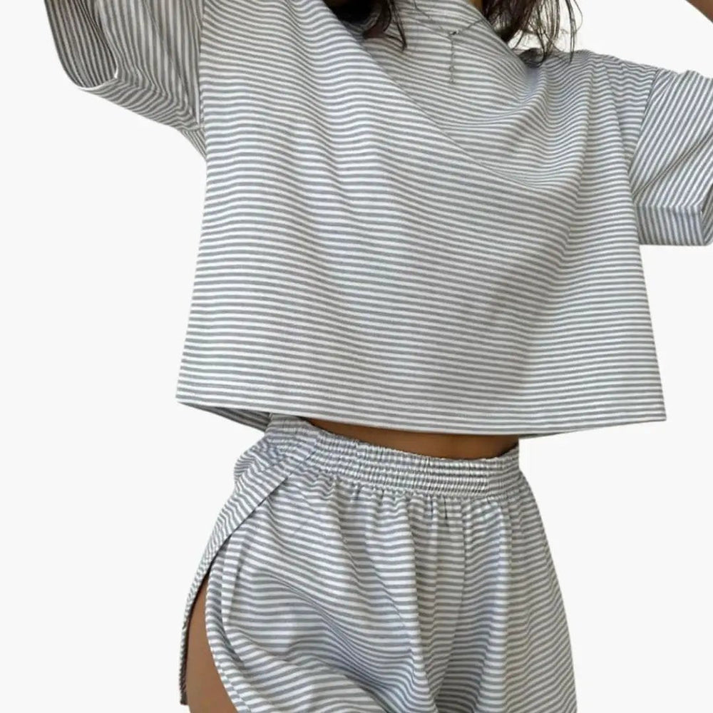 Women's Two-Piece Outfit Set – Striped Top & Shorts