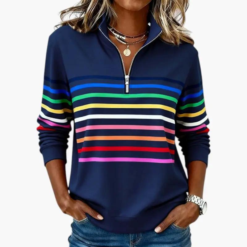 Women's Sweatshirt – Half-Zip Closure, Striped Pattern & Long Sleeves
