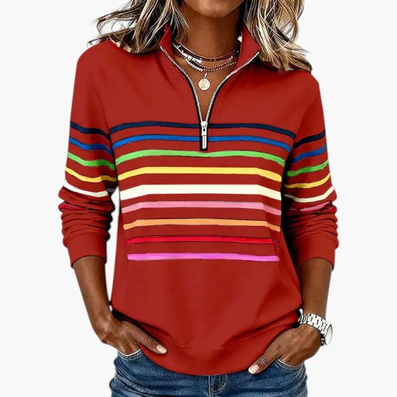 Women's Sweatshirt – Half-Zip Closure, Striped Pattern & Long Sleeves