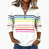 Women's Sweatshirt – Half-Zip Closure, Striped Pattern & Long Sleeves