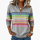 Women's Sweatshirt – Half-Zip Closure, Striped Pattern & Long Sleeves