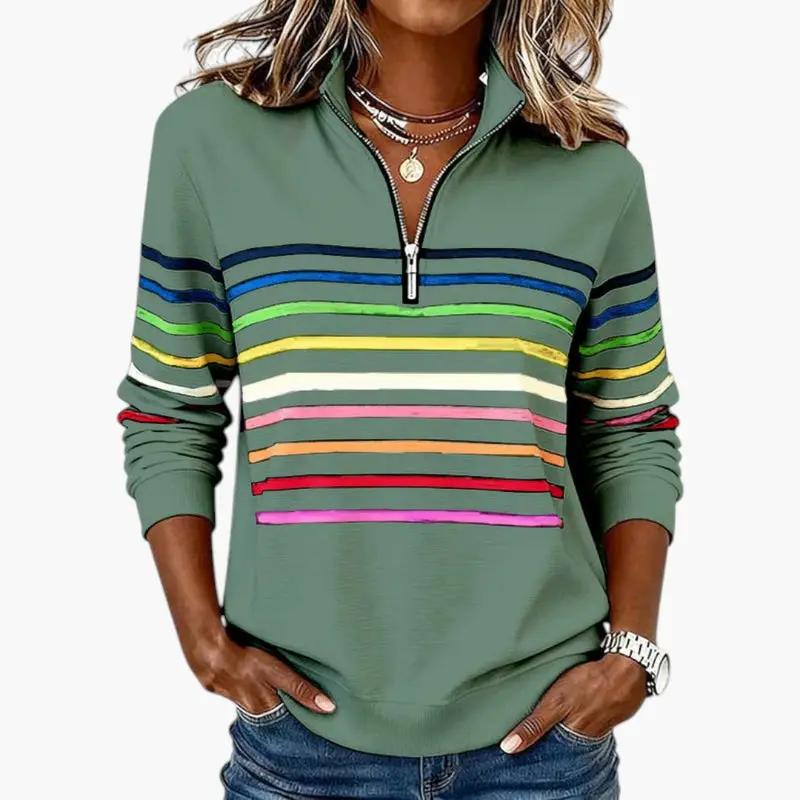 Women's Sweatshirt – Half-Zip Closure, Striped Pattern & Long Sleeves
