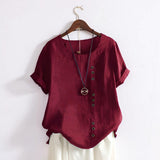 Women's Tops Casual Short Sleeve Button Front Round Neck Shirt