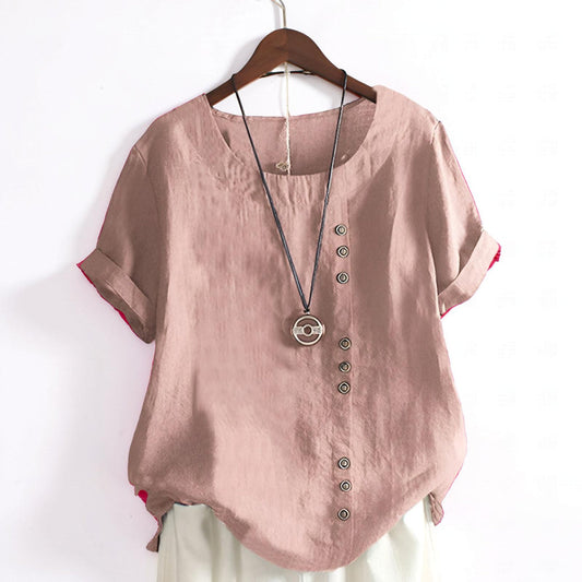 Women's Casual Shirt – Short Sleeve, Button Front & Round Neck