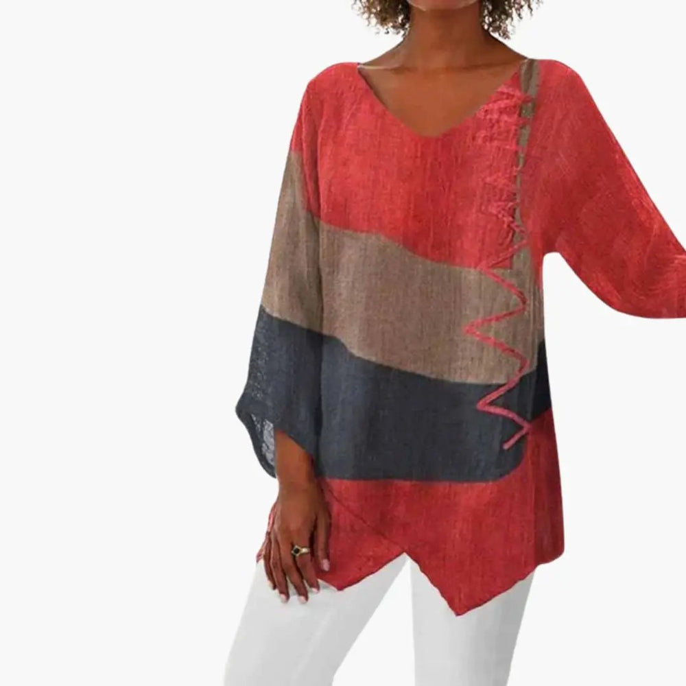 Women's Tricolor Blouse – Crew Neck, Long Sleeve & Relaxed Fit