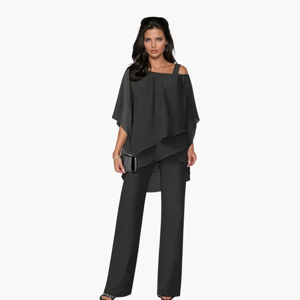 Women's Two-Piece Set – Asymmetrical Top, Wide-Leg Pants & Layered Design