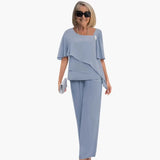 Women's Two-Piece Outfit Set – Short Sleeve Top & Straight Leg Pants