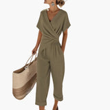 Women's Two-Piece Set – Wrap Top, Straight-Leg Pants & Elastic Waist
