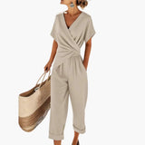 Women's Two-Piece Set – Wrap Top, Straight-Leg Pants & Elastic Waist