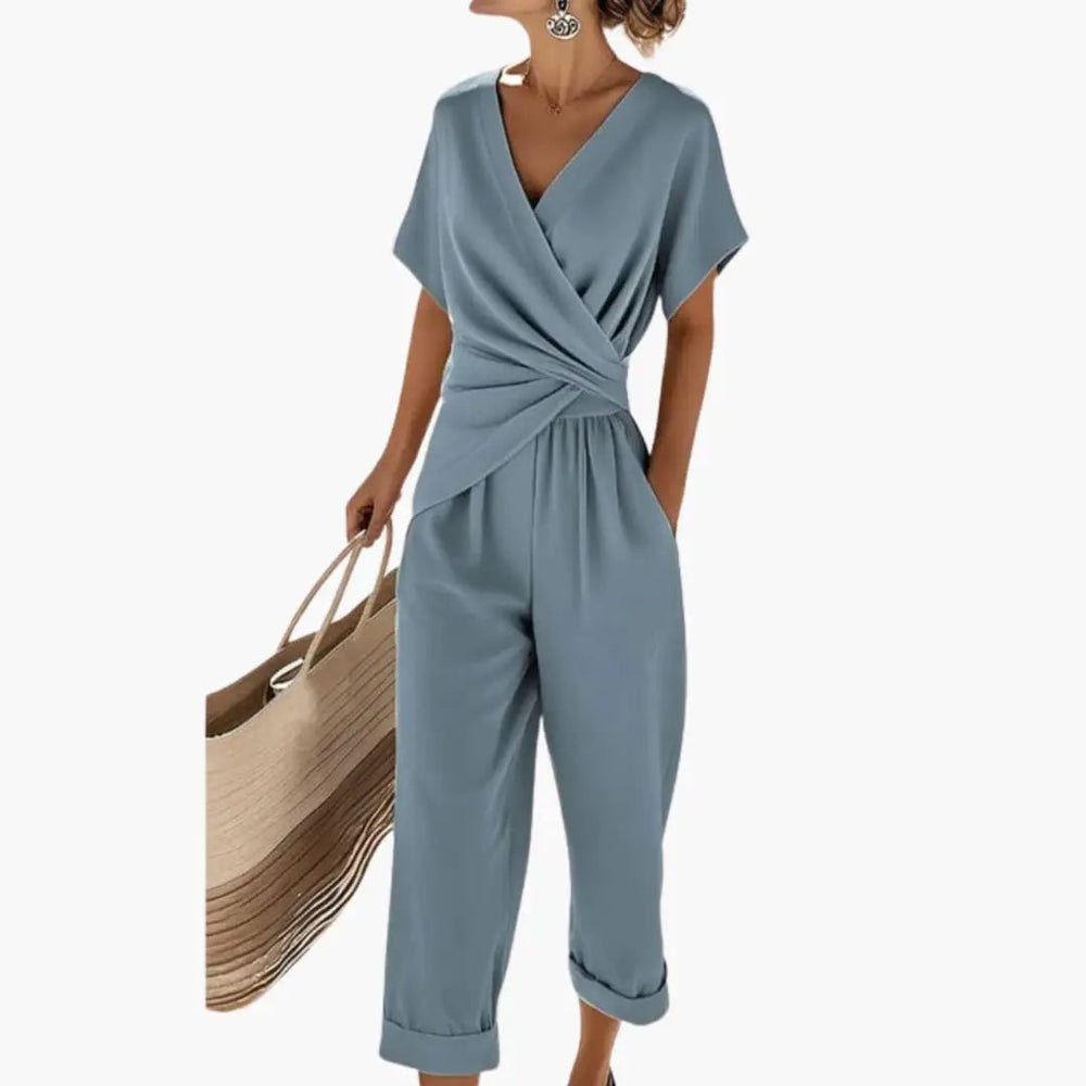 Women's Two-Piece Set – Wrap Top, Straight-Leg Pants & Elastic Waist