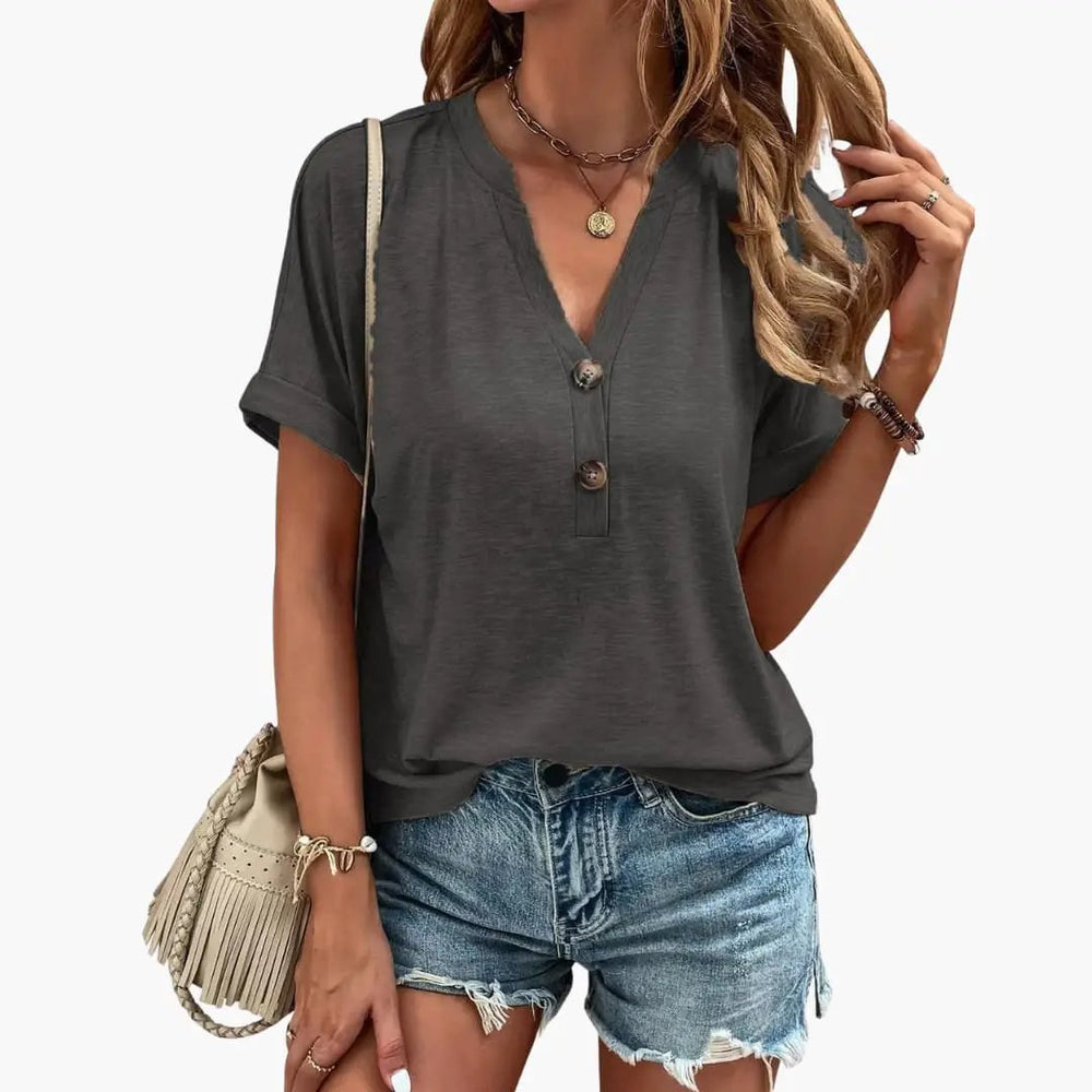 Women's T-Shirt – V-Neck, Button Placket & Short Sleeve