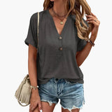 Women's T-Shirt – V-Neck, Button Placket & Short Sleeve