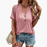 Women's T-Shirt – V-Neck, Button Placket & Short Sleeve