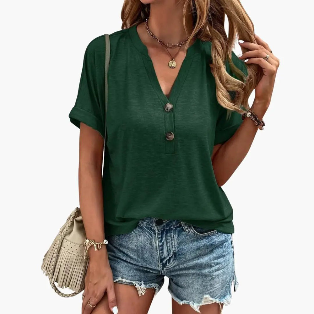 Women's T-Shirt – V-Neck, Button Placket & Short Sleeve