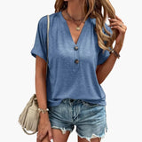 Women's T-Shirt – V-Neck, Button Placket & Short Sleeve
