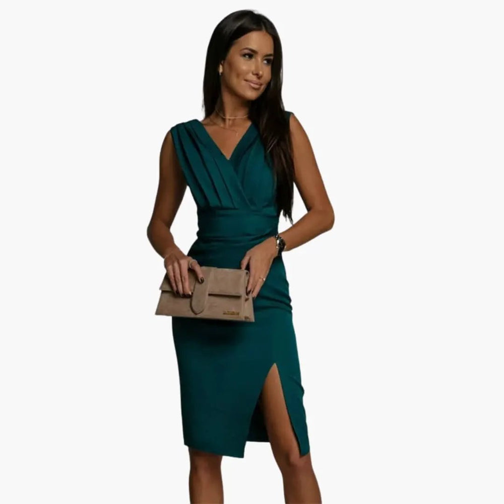 Women's V-Neck Dress – Sleeveless Design, Midi Length & Plain Finish