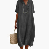 Women's Dress – V-Neck, Short Sleeves & Loose Fit