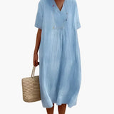 Women's Dress – V-Neck, Short Sleeves & Loose Fit