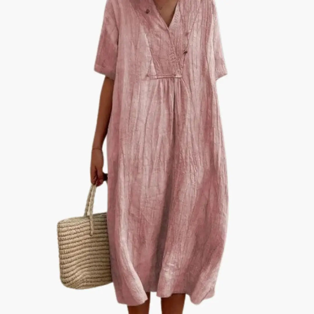 Women's Dress – V-Neck, Short Sleeves & Loose Fit
