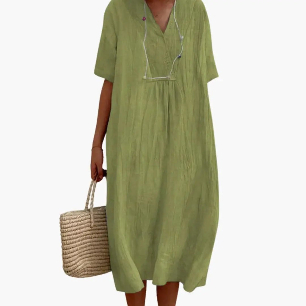 Women's Dress – V-Neck, Short Sleeves & Loose Fit