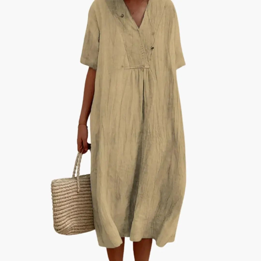 Women's Dress – V-Neck, Short Sleeves & Loose Fit