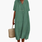 Women's Dress – V-Neck, Short Sleeves & Loose Fit