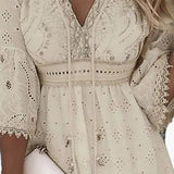 Women's V-Neck Dress – Knee-Length, Short Sleeve & Straight Fit