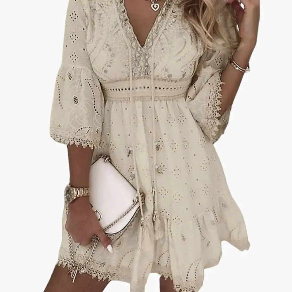 Women's V-Neck Dress – Knee-Length, Short Sleeve & Straight Fit