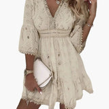 Women's V-Neck Dress – Knee-Length, Short Sleeve & Straight Fit