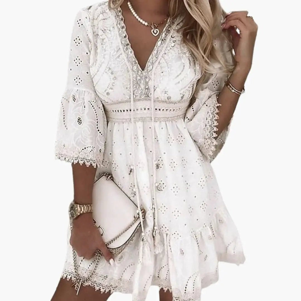 Women's V-Neck Dress – Knee-Length, Short Sleeve & Straight Fit