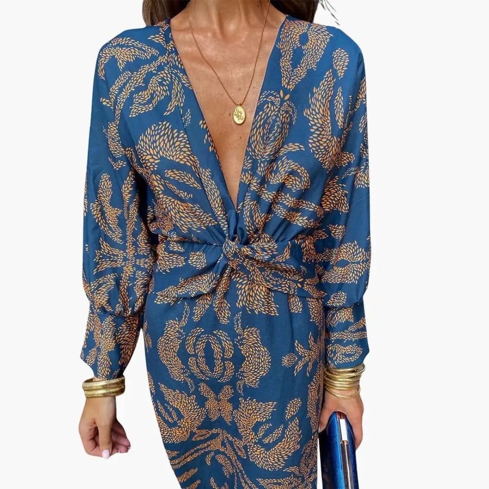 Women's Midi Dress – V-Neck, Floral Pattern & Long Sleeves