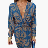 Women's Midi Dress – V-Neck, Floral Pattern & Long Sleeves