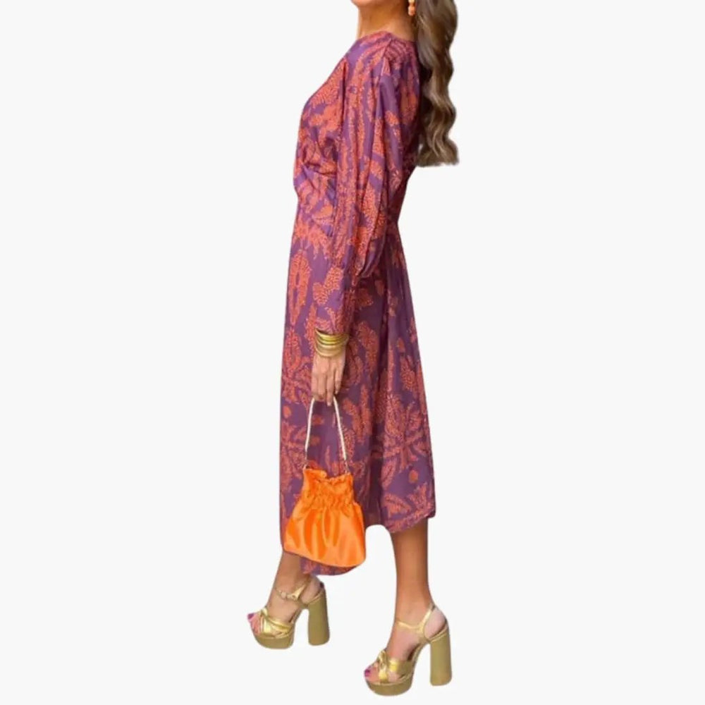 Women's Midi Dress – V-Neck, Floral Pattern & Long Sleeves