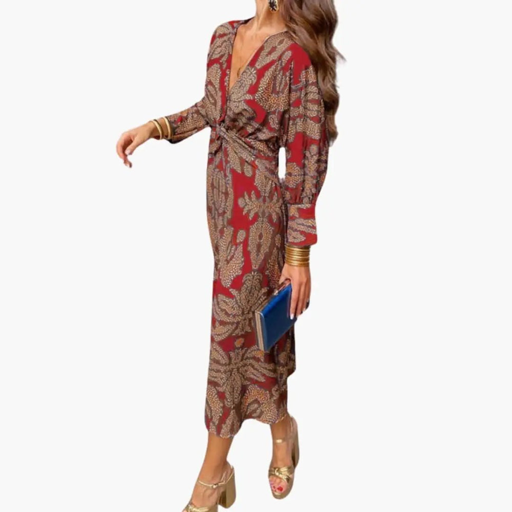 Women's Midi Dress – V-Neck, Floral Pattern & Long Sleeves