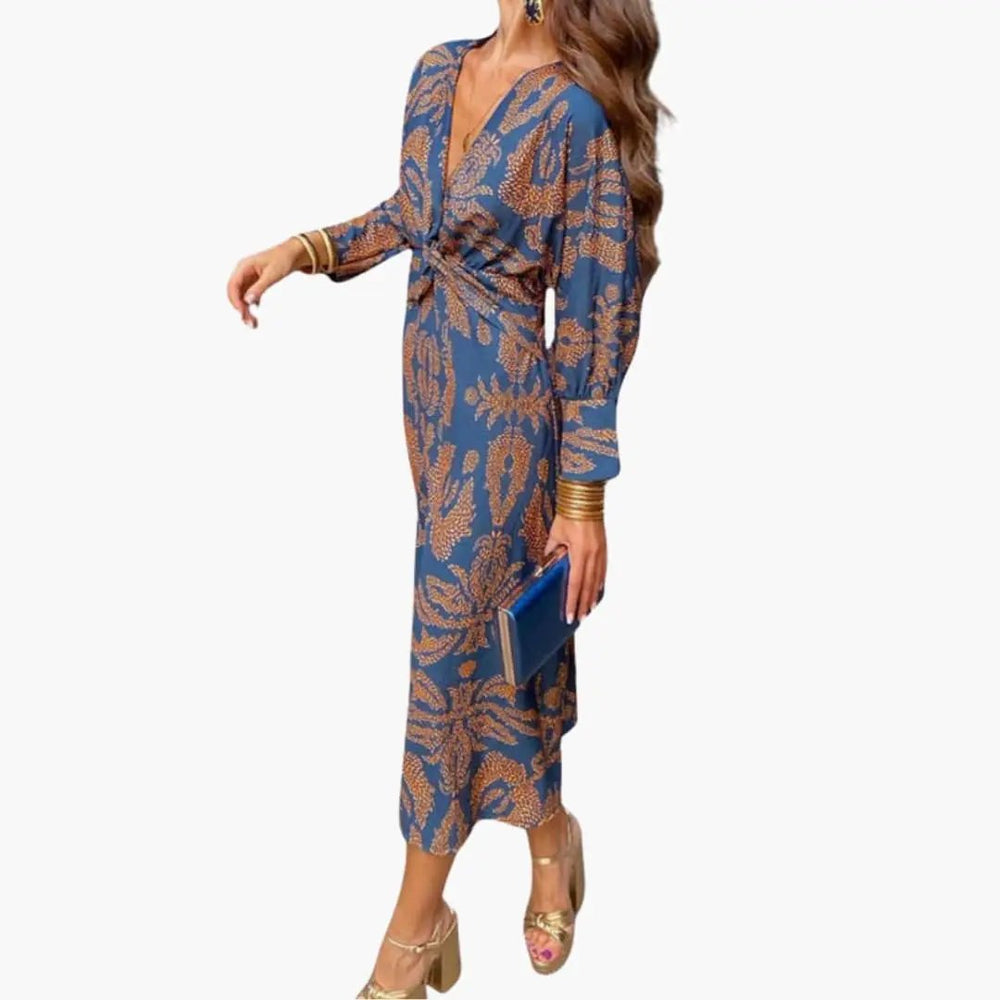 Women's Midi Dress – V-Neck, Floral Pattern & Long Sleeves