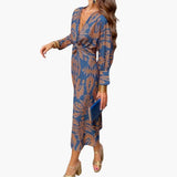Women's Midi Dress – V-Neck, Floral Pattern & Long Sleeves