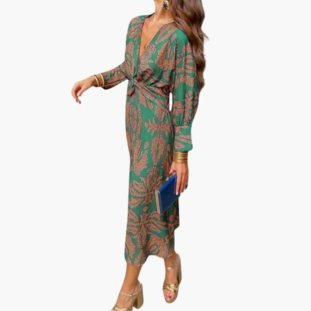 Women's Midi Dress – V-Neck, Floral Pattern & Long Sleeves