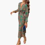 Women's Midi Dress – V-Neck, Floral Pattern & Long Sleeves
