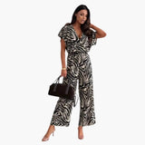 Women's V-Neck Jumpsuit – Wide Leg, Printed Design & Sleeveless