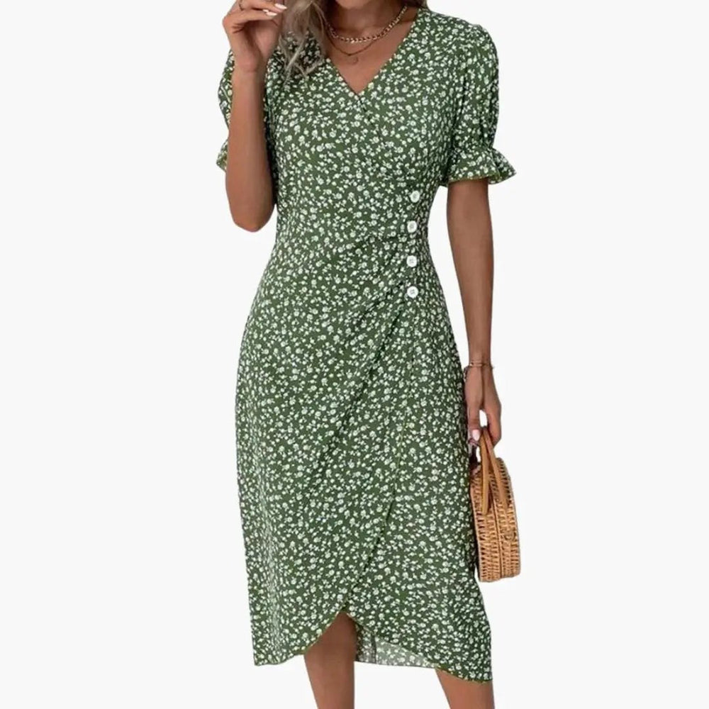 Women's V-Neck Midi Dress – Short Sleeve & Defined Waist