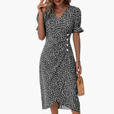 Women's V-Neck Midi Dress – Short Sleeve & Defined Waist