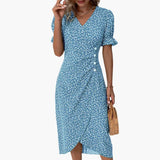 Women's V-Neck Midi Dress – Short Sleeve & Defined Waist